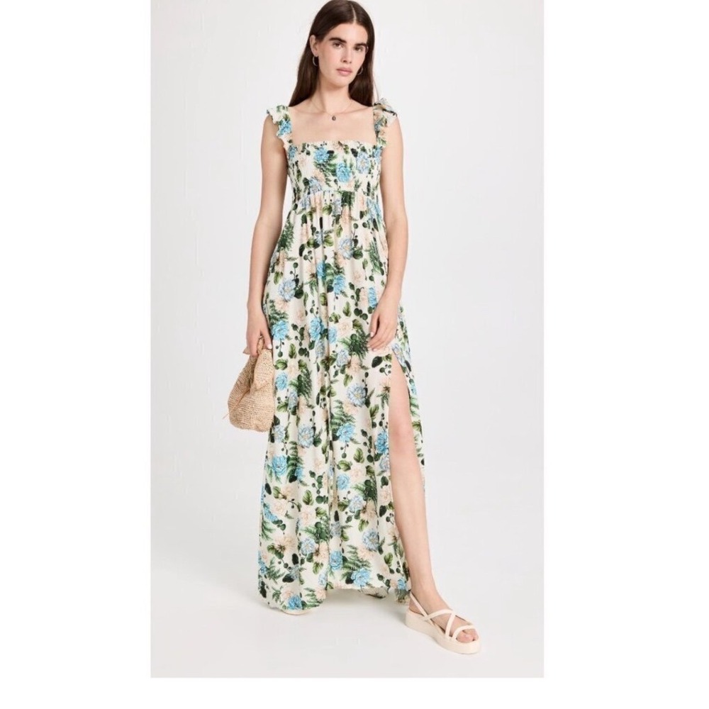 Agua Bendita Leandra Aine Floral Smocked Tencel Maxi Dress Ivory Blue Small